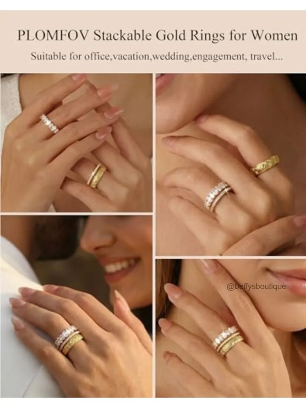 14K Gold Plated Stackable Ring Set for Women Non Tarnish CZ Chucky Dainty Bands